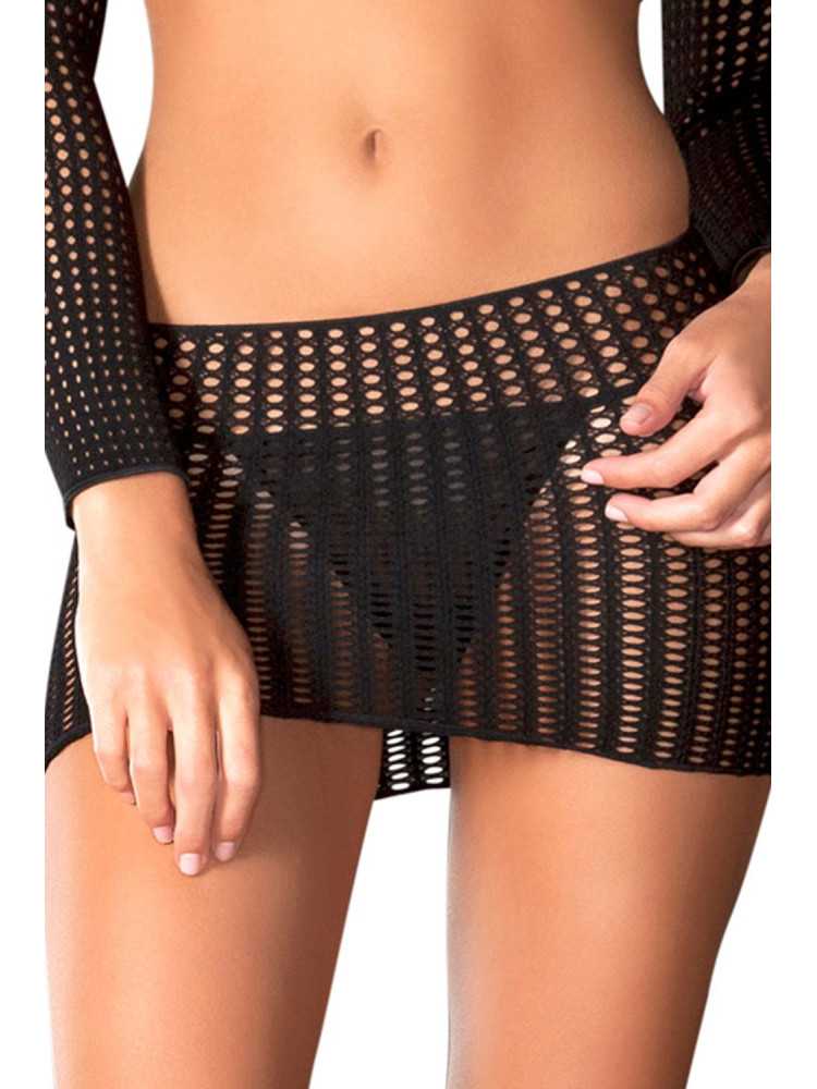 Ensemble noir top court manches longues et mini-jupe ajourés - REN7013-BLK