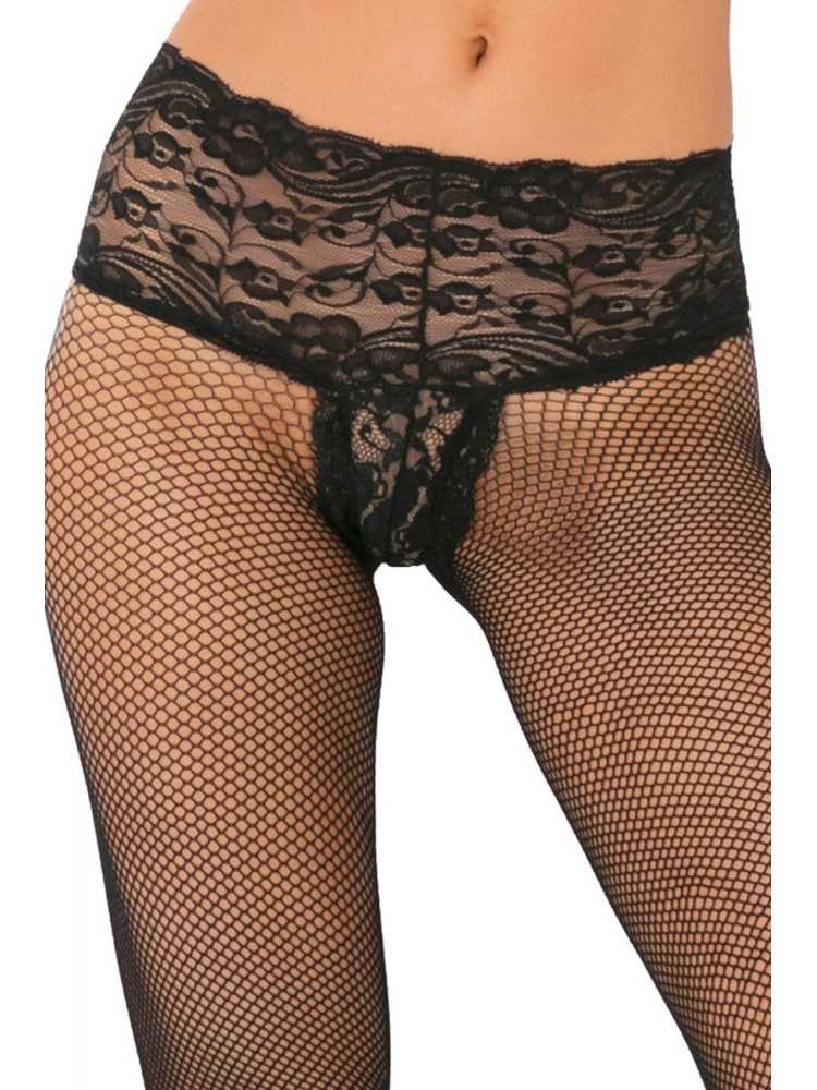 Collant noir résille effet string brésilien dentelle florale et coutures arrières - REN9028-BLK