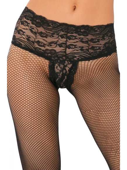 Collant noir résille effet string brésilien dentelle florale et coutures arrières - REN9028-BLK