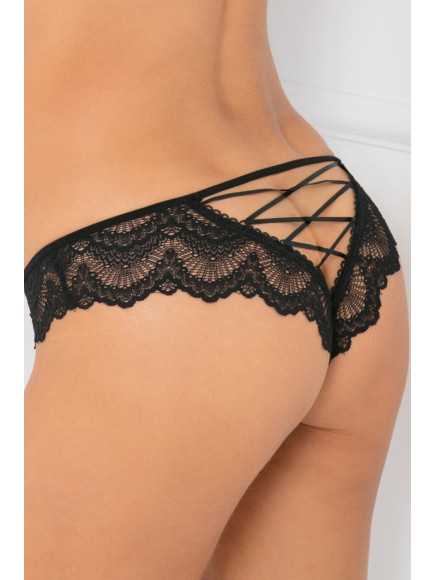 Tanga noir dentelle ajouré sur les fesses ornements croisés - REN1145-BLK