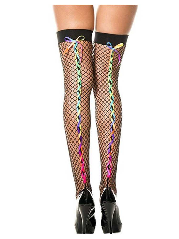 Bas noirs résille filet avec rubans colorés arc en ciel - MH4643BRA