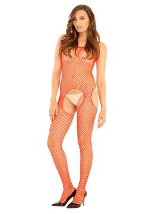 Bodystocking rouge filet ouvert devant et derrière - REN7002-RED