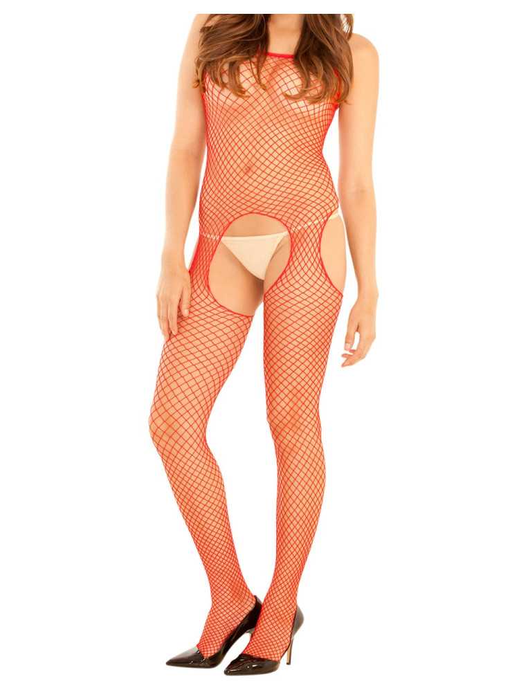 Bodystocking rouge filet ouvert devant et derrière - REN7002-RED