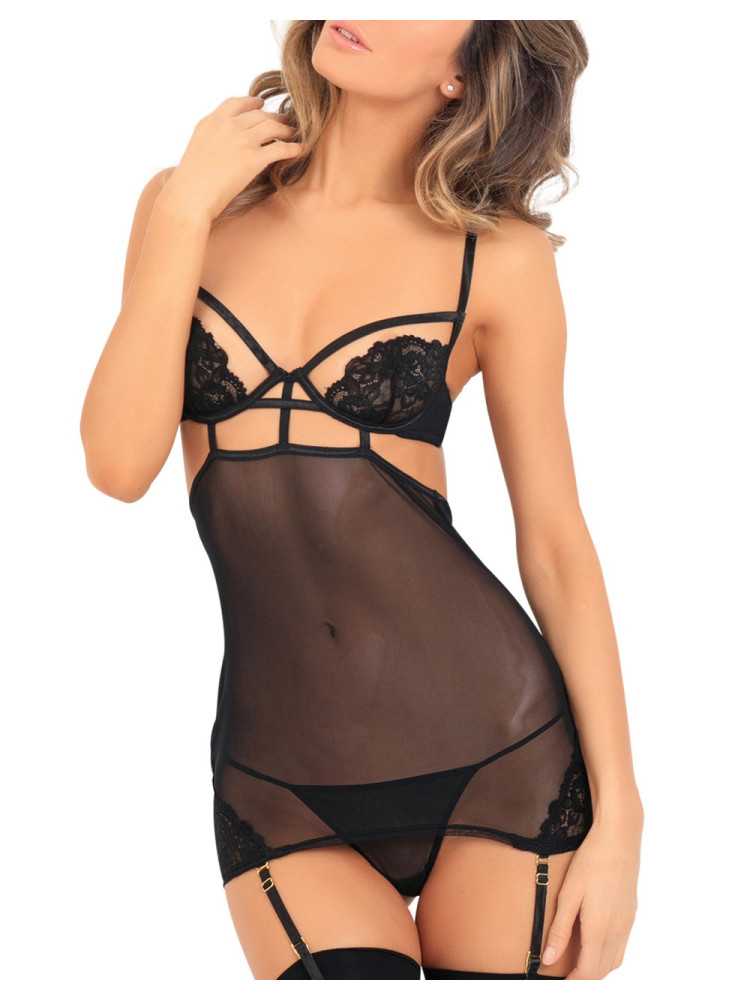 Guêpière maille et dentelle armatures poitrine jarretelles amovibles - REN512165-BLK