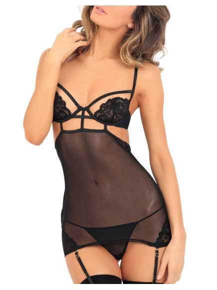 Guêpière maille et dentelle armatures poitrine jarretelles amovibles - REN512165-BLK