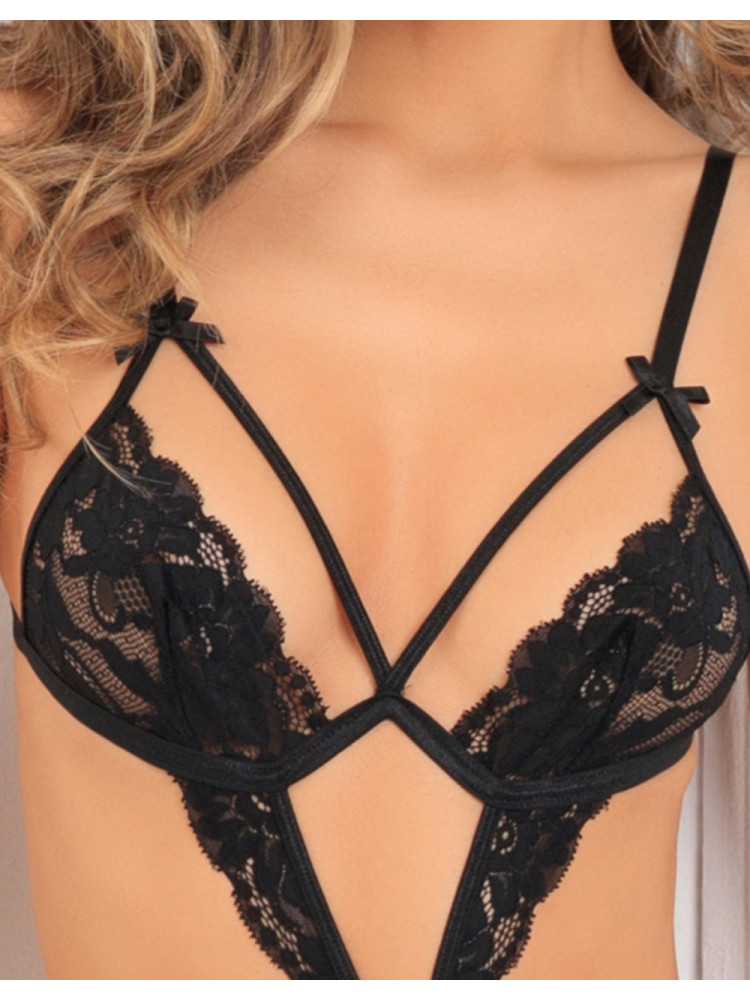 Body string noir ouvert à l'entre-jambes dentelle et ornements - REN502167-BLK