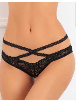 Tanga ouvert noir en dentelle avec ornements croisés avant arrière - REN1138-BLK