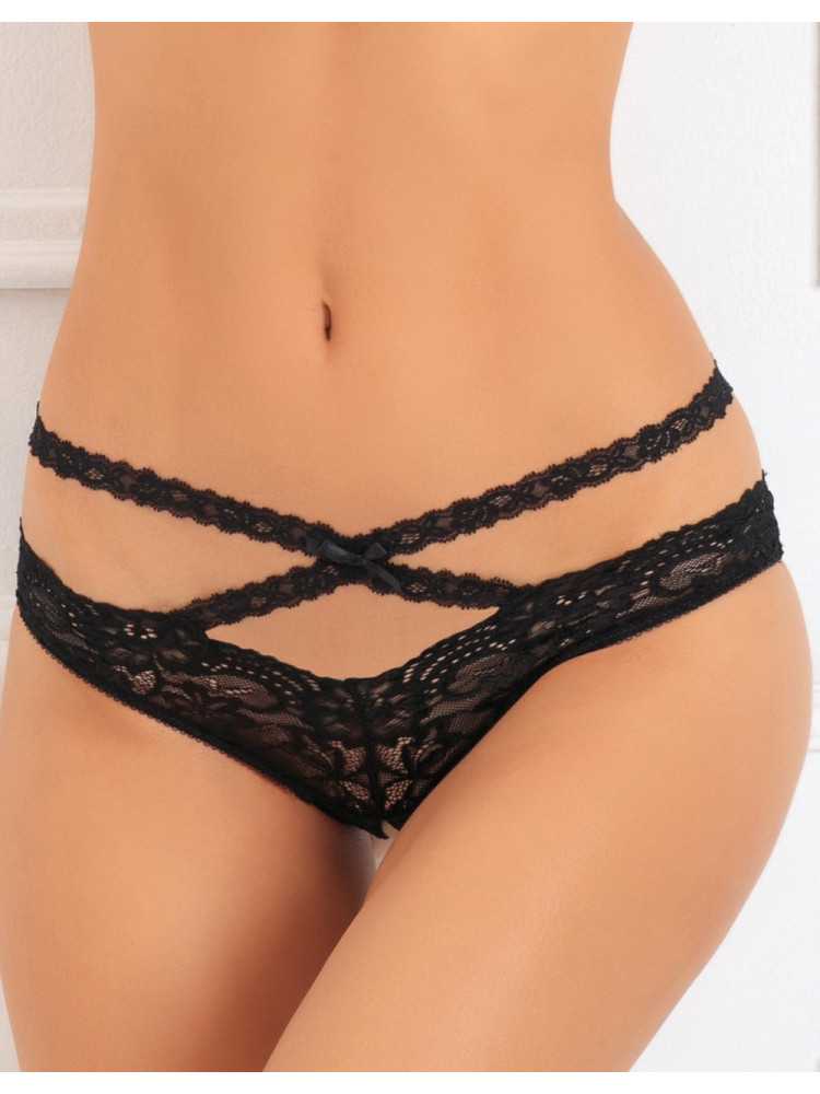 Tanga ouvert noir en dentelle avec ornements croisés avant arrière - REN1138-BLK