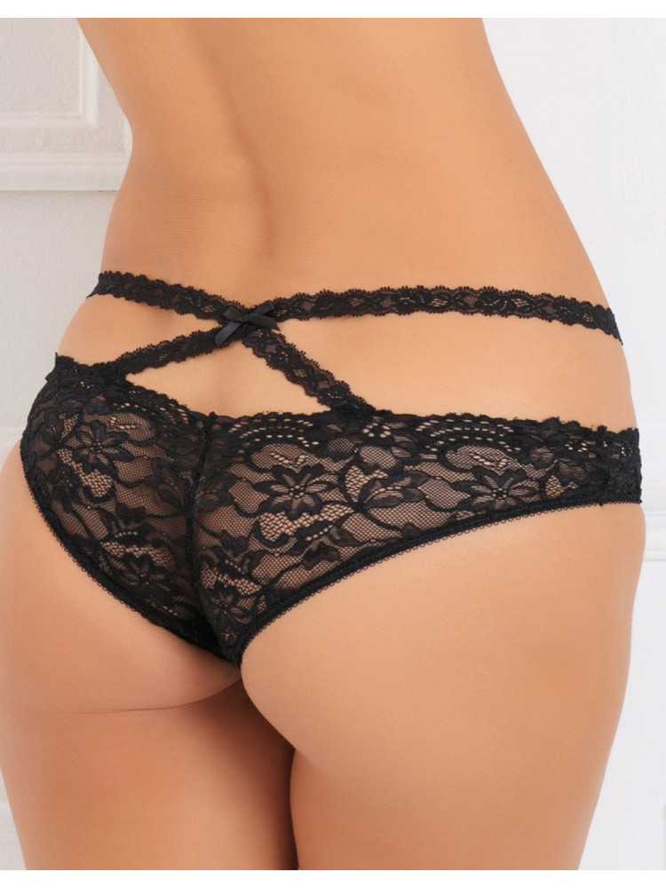 Tanga ouvert noir en dentelle avec ornements croisés avant arrière - REN1138-BLK
