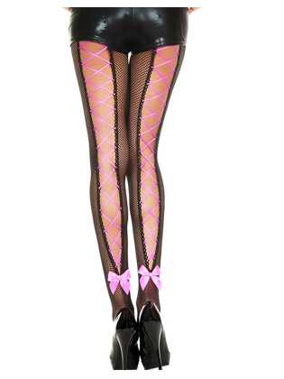 Collant résille noir avec laçage rose corset et noeud - MH50012BHP