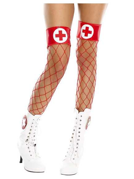 Bas filet rouges jarretières brillantes et croix infirmière - MH4884REW