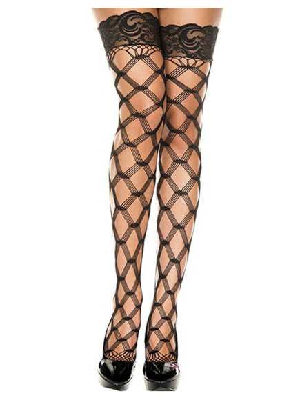 Bas autofixants filet fils noirs en losange - MH45437BLK