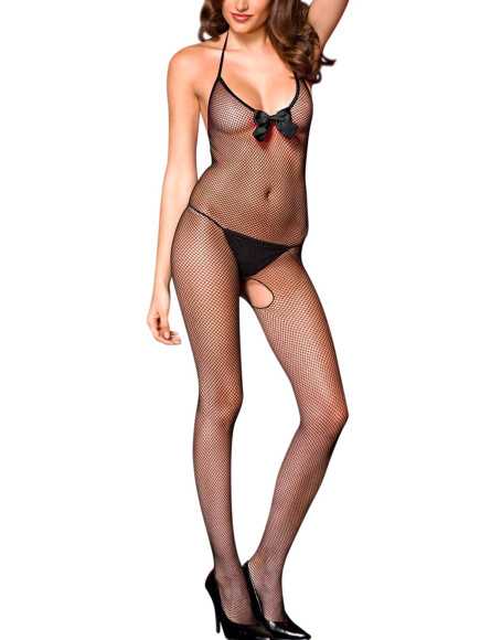 Bodystocking noir résille avec noeud satin et ouvert à l'entre-jambes - ML1622BLK
