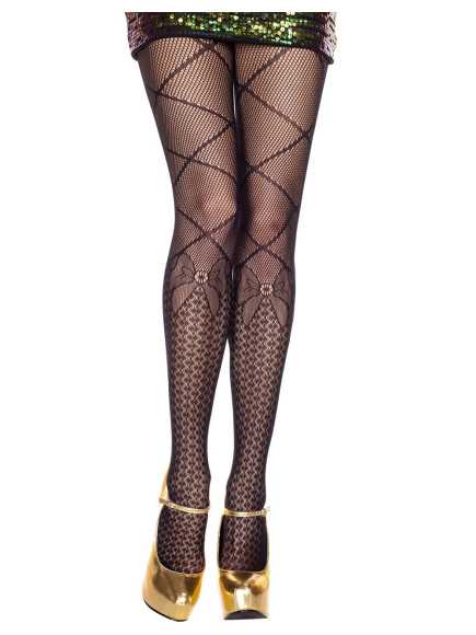 Collant noir fantaisie en résille avec imprimé socquette et petit nœud - MH50045BLK