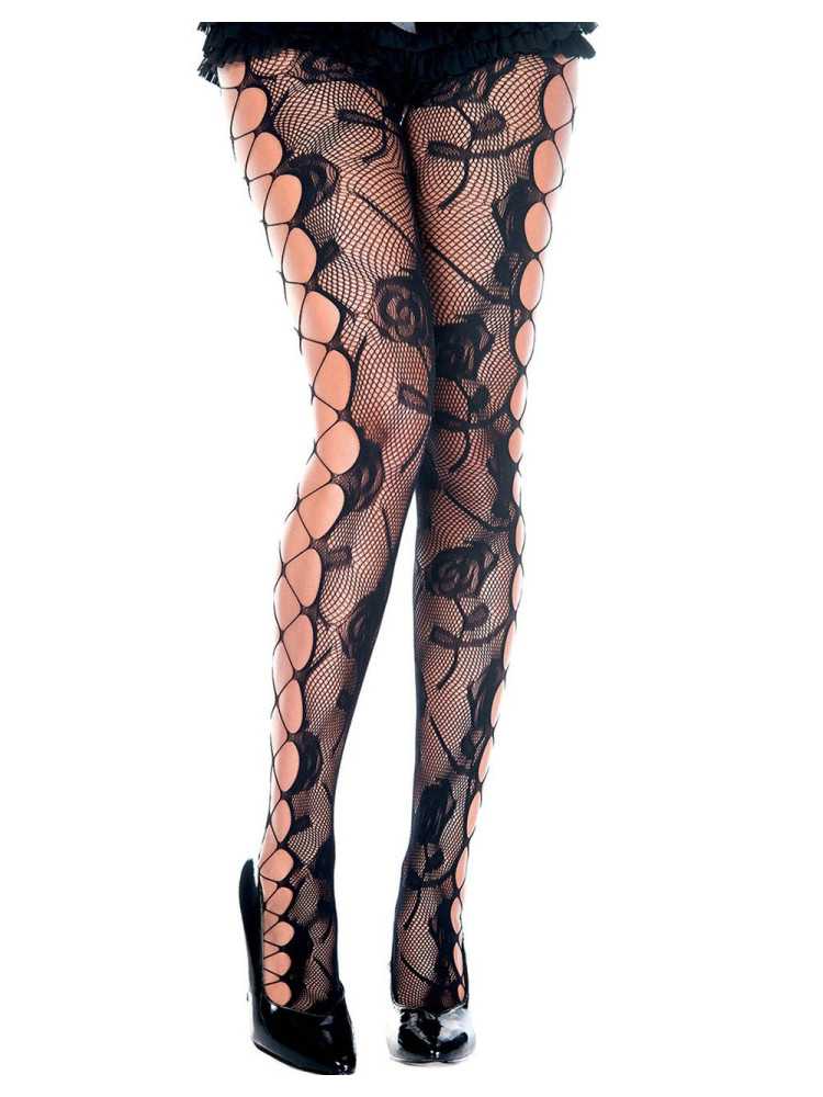 Collant fantaise noir résille et ajouré façon filet et fleurs - MH50021BLK