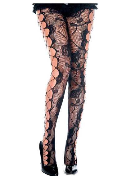 Collant fantaise noir résille et ajouré façon filet et fleurs - MH50021BLK