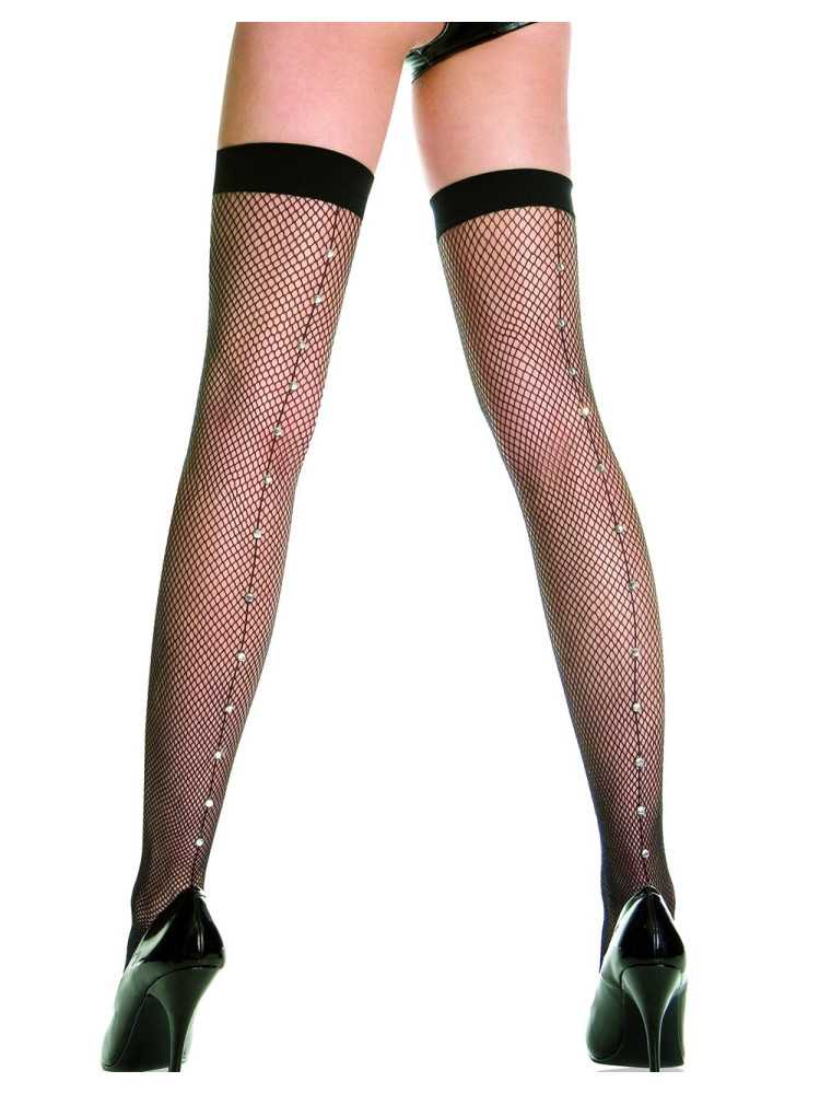 Bas résille noir coutures et strass - MH4923BLK