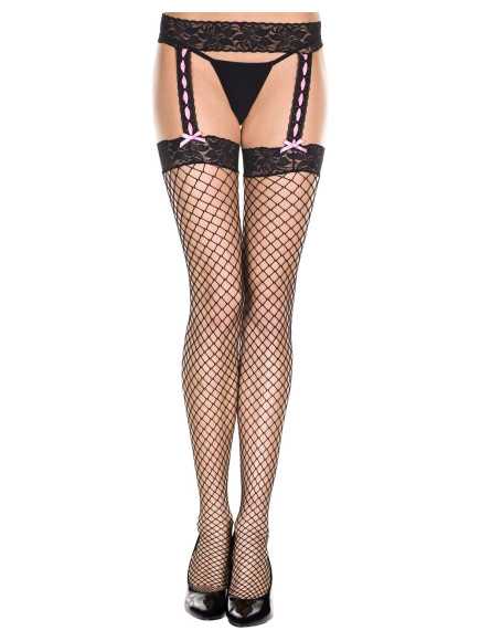 Collant résille noir effet porte-jarretelles et ruban rose - MH7912BKP