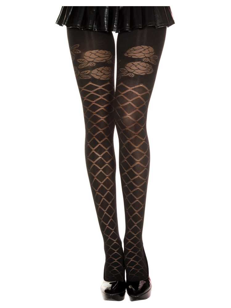 Collant semi opaque noir effet croisillons et fleurs - MH7236BLK
