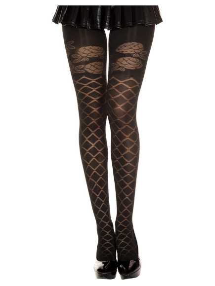 Collant semi opaque noir effet croisillons et fleurs - MH7236BLK