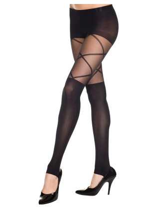 Collant noir effet legging fashion opaque et transparent style cuissarde - MH7389BLK