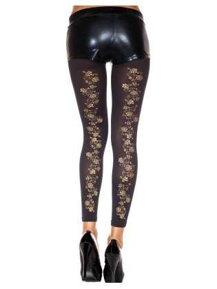 Legging fin noir opaque avec fleurs dorées sur l'arrière - MH35821BLK