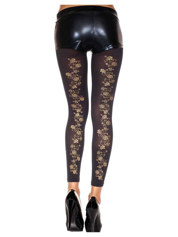 Legging fin noir opaque avec fleurs dorées sur l'arrière - MH35821BLK