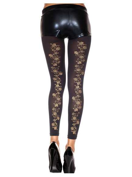 Legging fin noir opaque avec fleurs dorées sur l'arrière - MH35821BLK