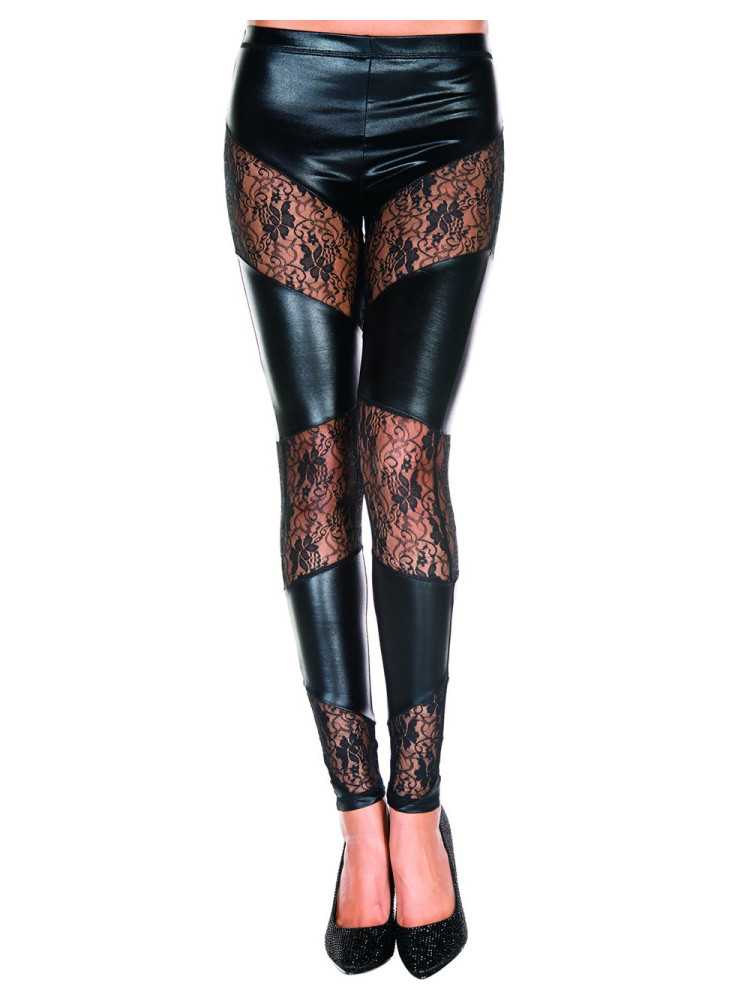 Legging noir wetlook avec bandes de dentelle florale - MH35134BLK