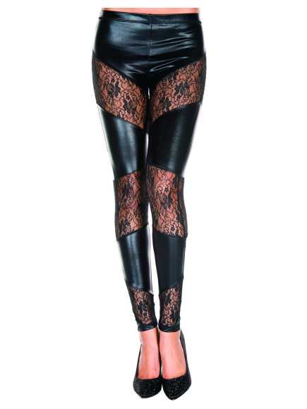 Legging noir wetlook avec bandes de dentelle florale - MH35134BLK