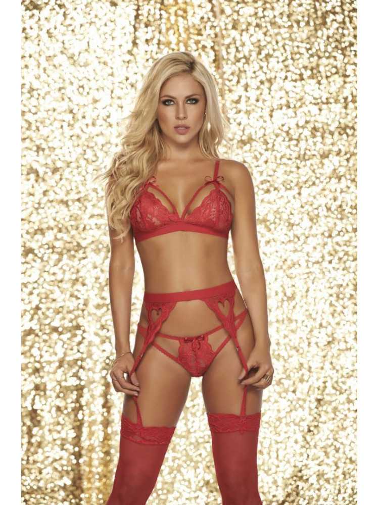 Ensemble 3 pièces Soutien-gorge  String  Porte-jarretelle, Rouge - MAL8221RED
