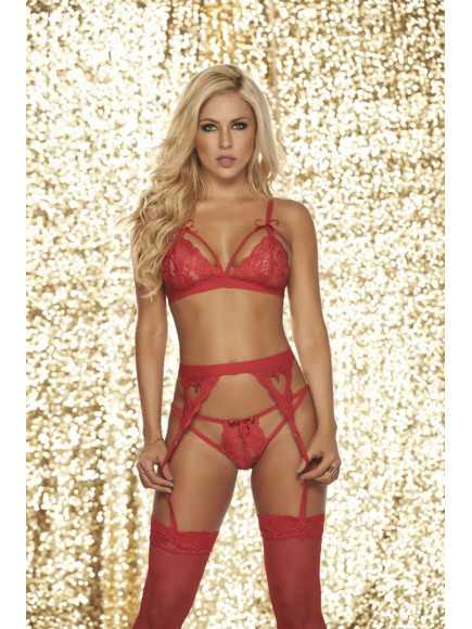 Ensemble 3 pièces Soutien-gorge  String  Porte-jarretelle, Rouge - MAL8221RED