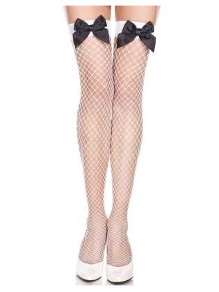 Bas blancs résille filet avec noeuds satinés noirs - MH4830WHB