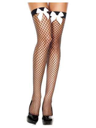 Bas noirs résille filet avec noeuds satinés blancs - MH4830BKW