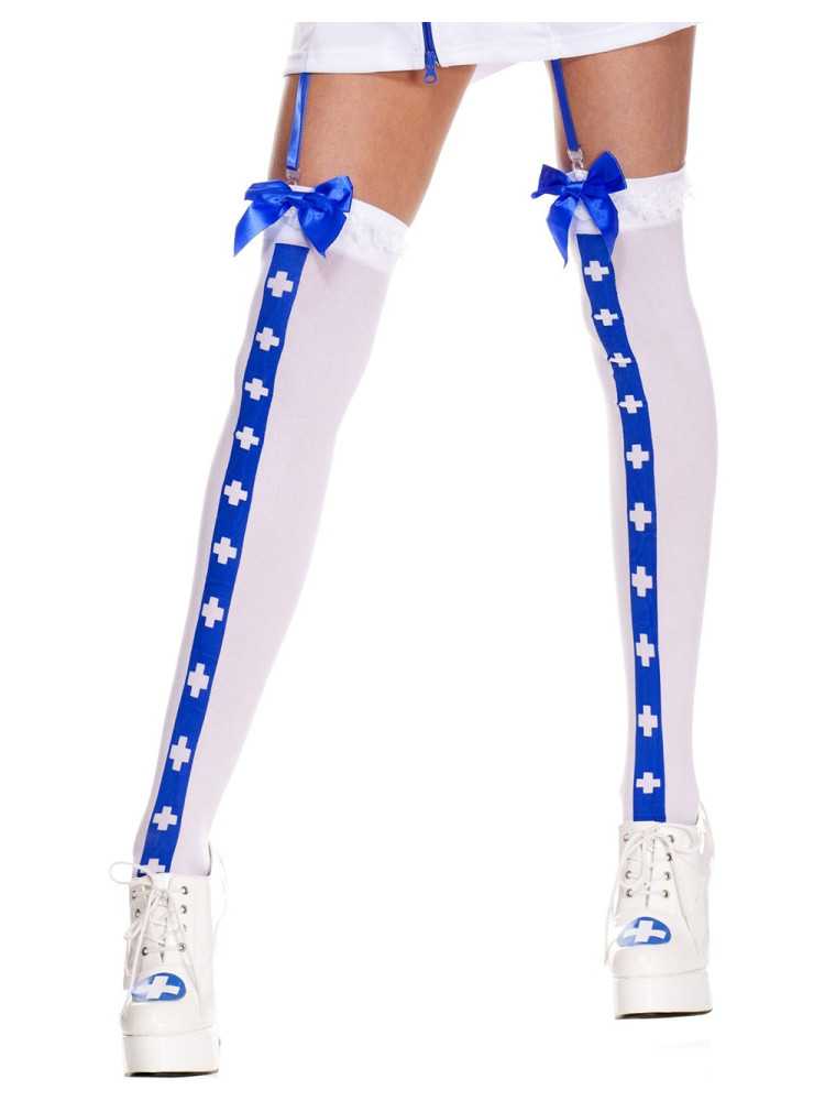 Bas sexy blanc avec bande bleu croix nfirmière et noeuds satinés - MH4780WBL