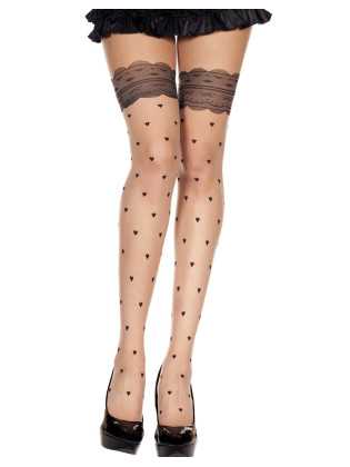 Collant chair sexy effet bas avec jarretières noires et coeurs - MH7276BLK