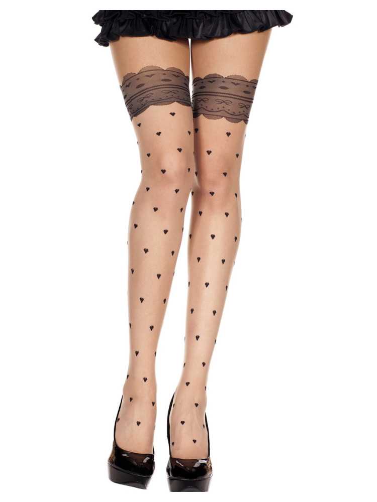 Collant chair sexy effet bas avec jarretières noires et coeurs - MH7276BLK