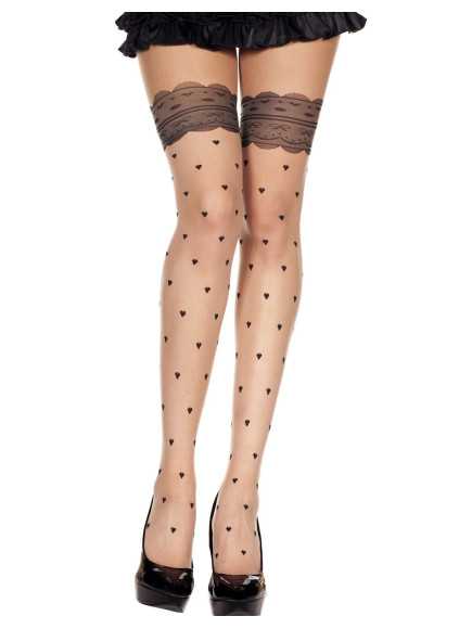 Collant chair sexy effet bas avec jarretières noires et coeurs - MH7276BLK
