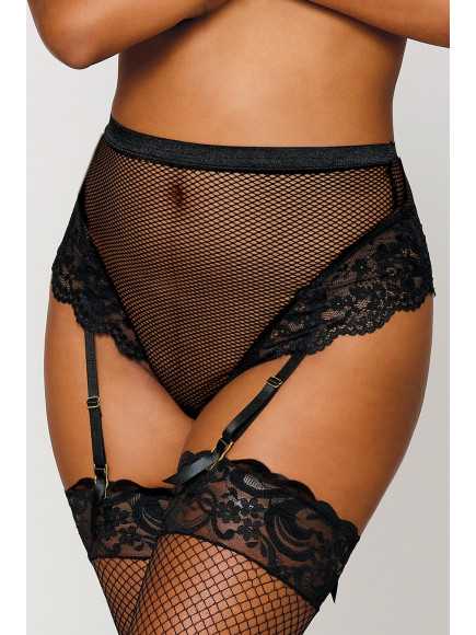 String résille taille haute avec porte-jarretelles noir - DG1478BLK