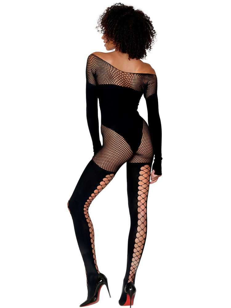 Bodystocking manches longues effet body et bas noir - DG0443BLK