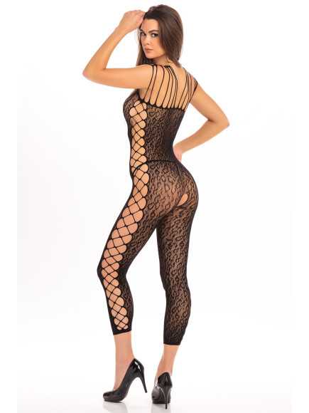 Combinaison noir, imprimé léopard, ouvert à l'entrejambe - REN7076BLK