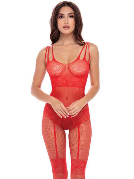 Bodystocking fantaisie rouge ouvert à l'entrejambe - REN7094-RED