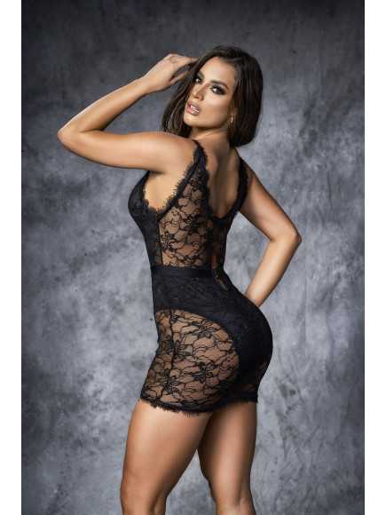 Robe courte en dentelle noire et large décollectée  - MAL4585BLK
