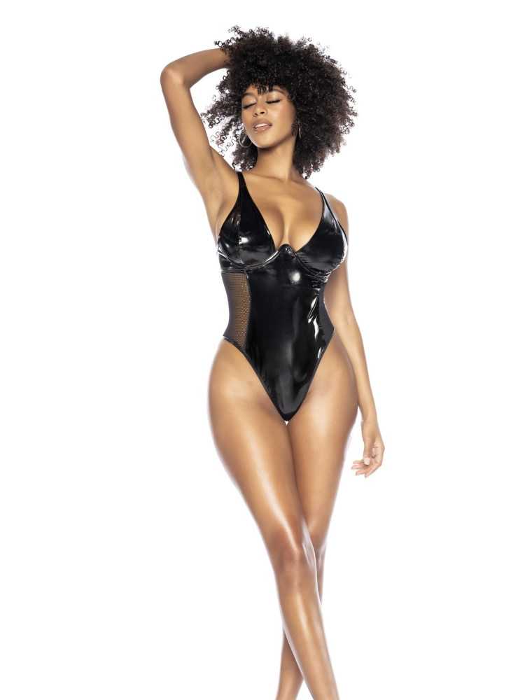 Body String en vinyle noire avec résille transparente - MAL2733BLK