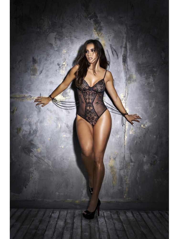 Body en dentelle et résille noire avec cordons d'attache - MAL8799BLK