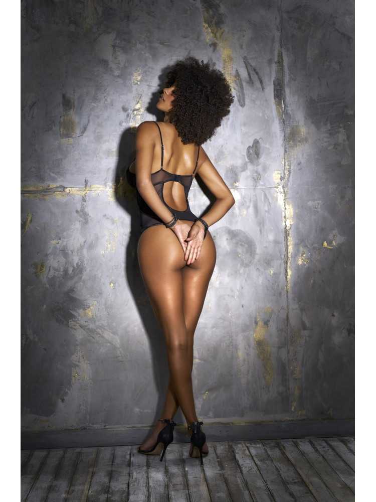 Body en dentelle et résille noire avec cordons d'attache - MAL8799BLK