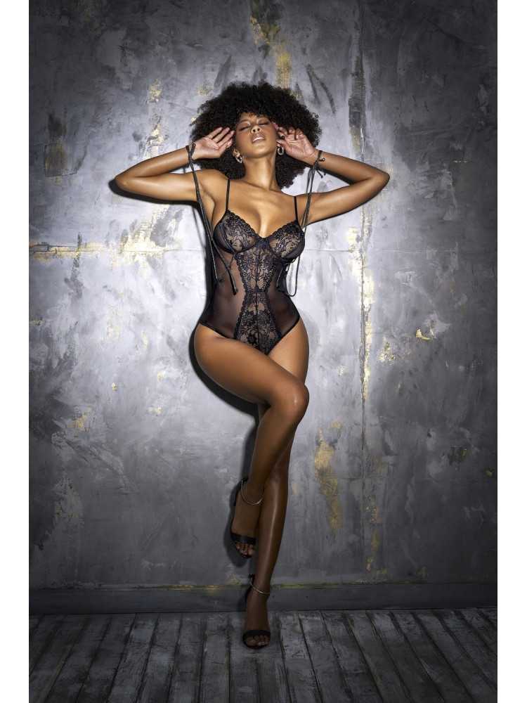 Body en dentelle et résille noire avec cordons d'attache - MAL8799BLK