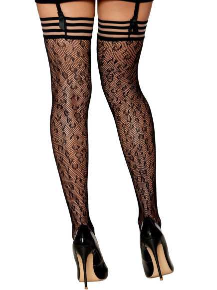 Bas résille dessin léopard avec jarretières noires/transparentes - DG0433BLK