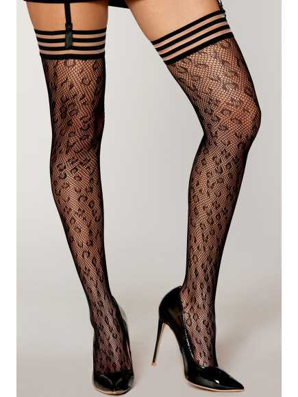 Bas résille dessin léopard avec jarretières noires/transparentes - DG0433BLK