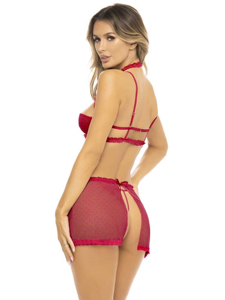Ensemble 3 pièces rouge, soutien gorge, jupette et string - REN53039-RED